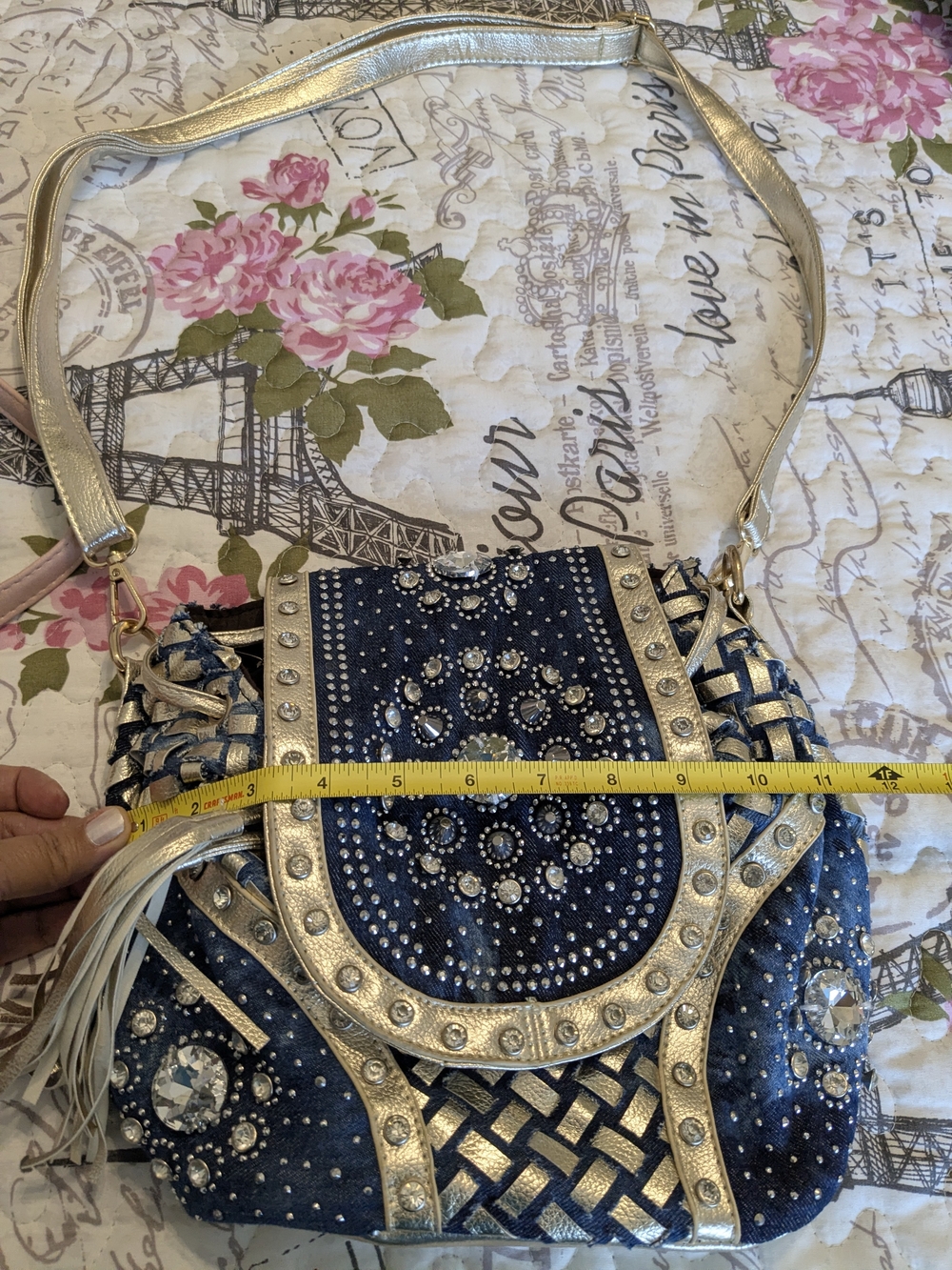 New Never Worn Blue and Gold Rhinestone Shoulder Bag with Tassel - Picture 5 of 7